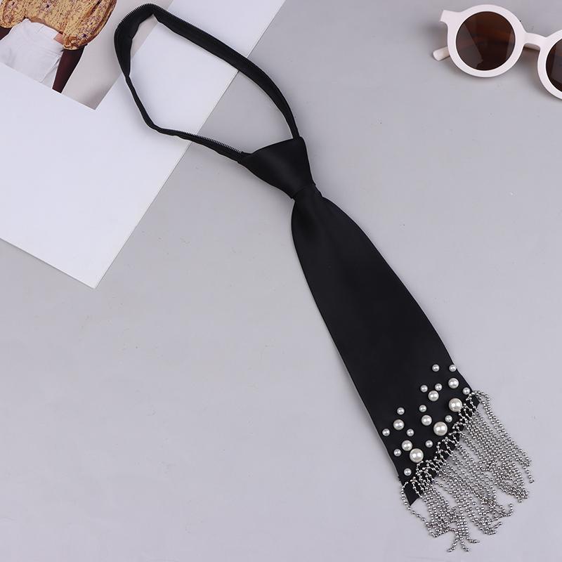 Elegant Korean Style Pearls Tie Tassels Black Beaded Long Necktie Academic Style Geometric Decoration Shirt Tie For Women