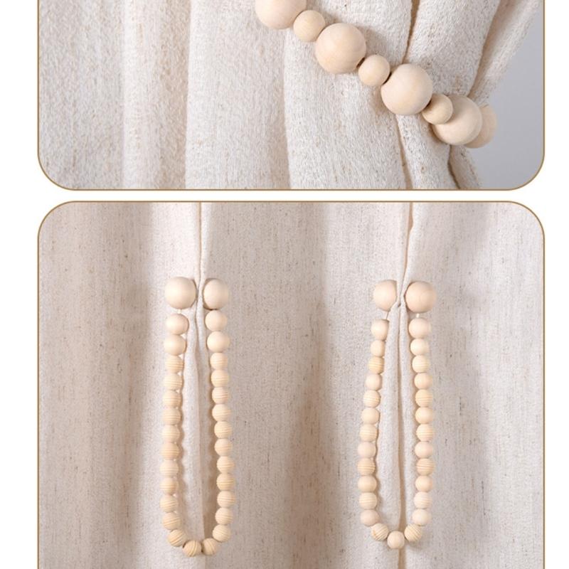 Magnetic Curtain Holdback, Wooden Beaded Drapes Tieback for Neat Window Styling in Bedroom, Study, or Living Room