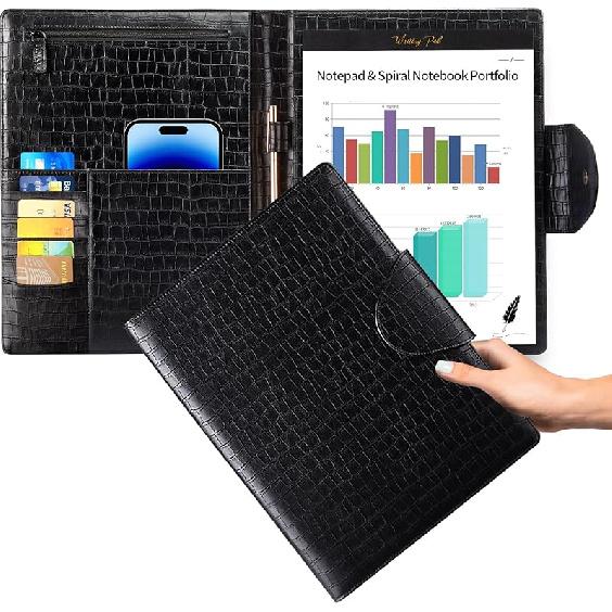 Папка-портфолио Padfolio с блокнотом - Стильное портфолио из кожи крокодила с отделением для планшета, карманом для телефона и держателем для визиток, Padfolio