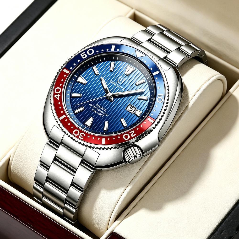 Business Mens Analog Watches Wateproof Diving Watch Luminous Dial Steel Band Daily Calendar Quartz Watch