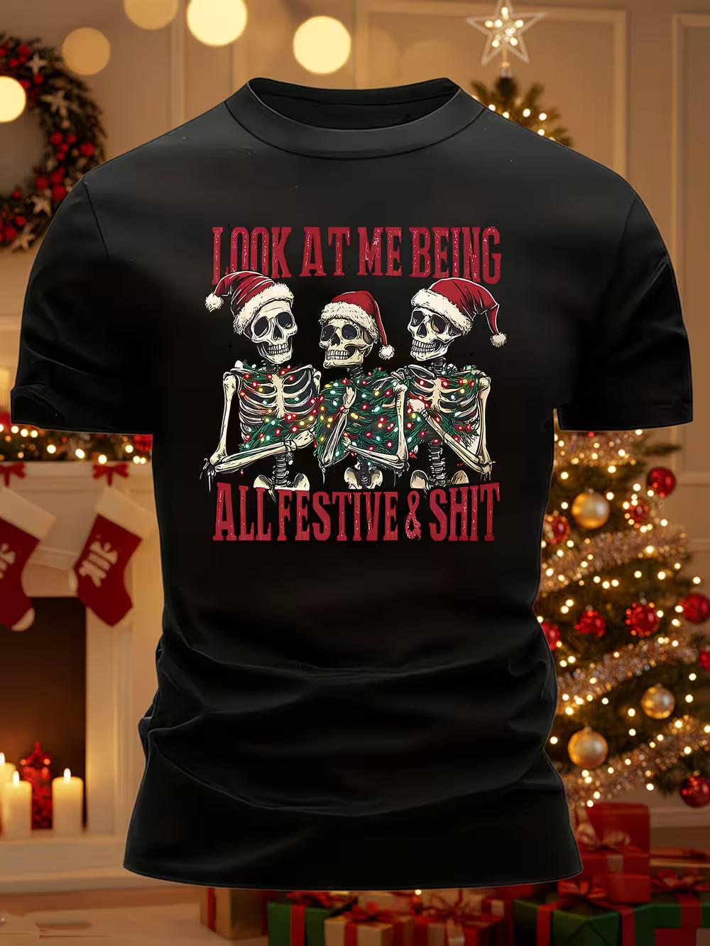 Humorous Style Christmas Skull Portrait T-shirt XXL