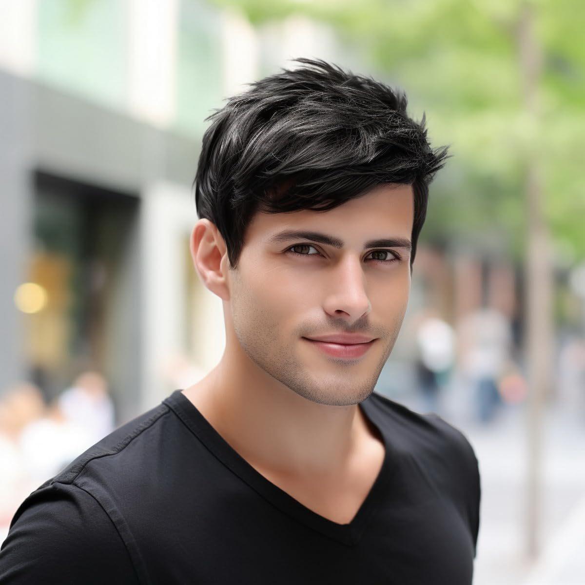 

Men s Natural Black Short Straight Heat-Resistant Synthetic Wig - Side-Part Style, Breathable Adjustable Cap for Daily & Casual Wear, Ready Stock 6inch