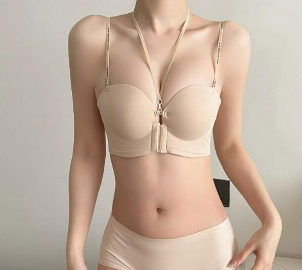 Women's Push-Up Halter Bra, Front Buckle, Wire-Free, Anti-Sagging, with Side Support.