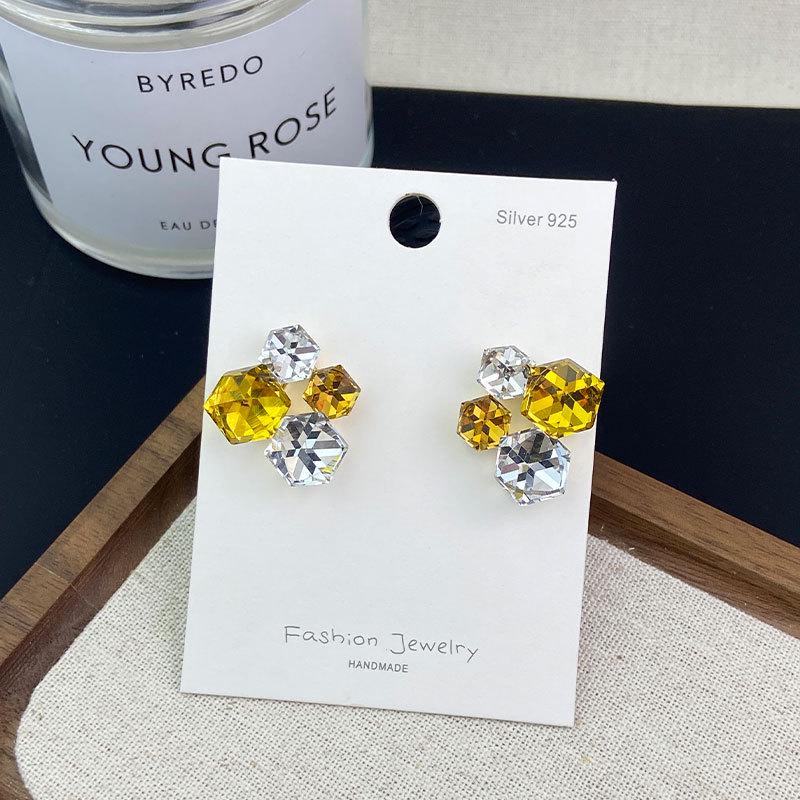

Crystal Cubic Design Silver Stud Earrings, Gold-Plated Fashion Accessory