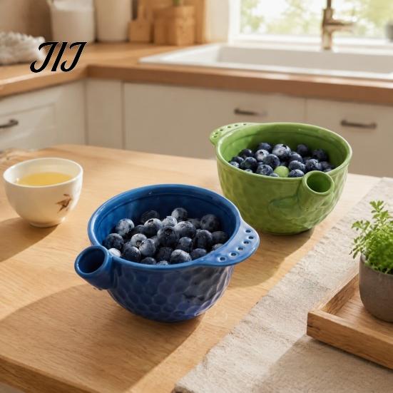 Food Prep Bowl Ceramic Berry Washing with Drain Holes, Self Spinning Fruit Strainer Vegetable Washer, Swirling Rinsing Colander for Strawberries