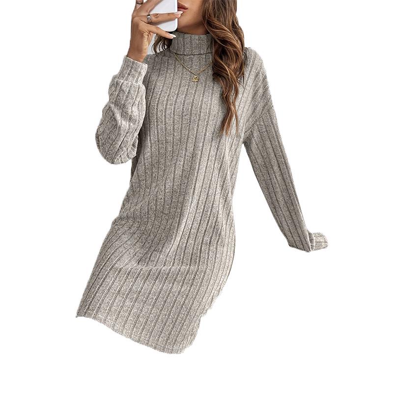 2026 Fall/Winter Women's Casual Solid Color High Neck Long Sleeve Knitted Dress