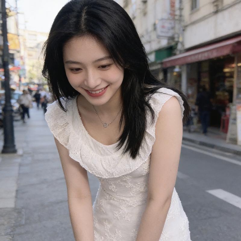 Women's Summer Lace Ruffle Dress - French Retro Style with Waist-Cinching Slim Fit
