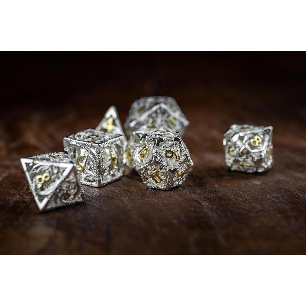 7-Würfel DND, Aura des Mutes, Hohlmetall-Silberwürfel für D&D, polyedrische D- und D-Würfel für Dungeons and Dragons Geschenk
