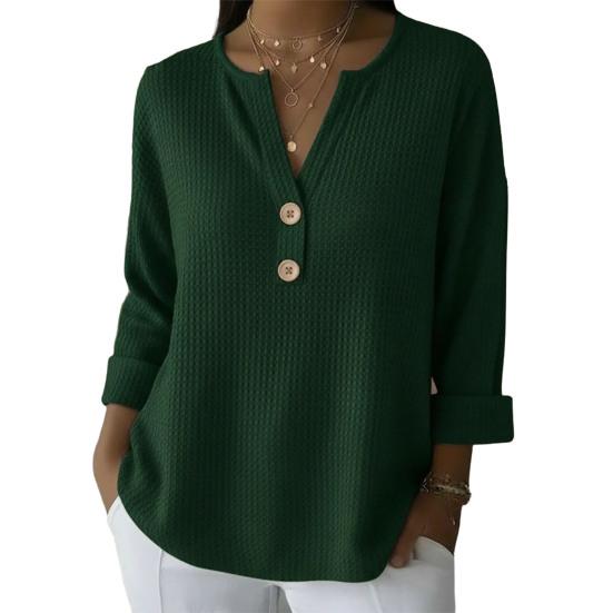 Damtoppar V-ringning Knappar Halvknäppning Långärmad Pullovertoppar Enfärgad Lös passform Våffelstruktur Mjuk Stretchig Vardagstoppar