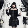 Goth Black Lace Trim Long Sleeve T-Shirts Vintage Sexy Lace-up Square Collar Tops with Choker Cross Women Autumn Tees
