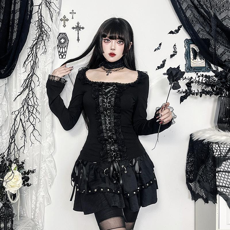 Goth Black Lace Trim Long Sleeve T-Shirts Vintage Sexy Lace-up Square Collar Tops with Choker Cross Women Autumn Tees