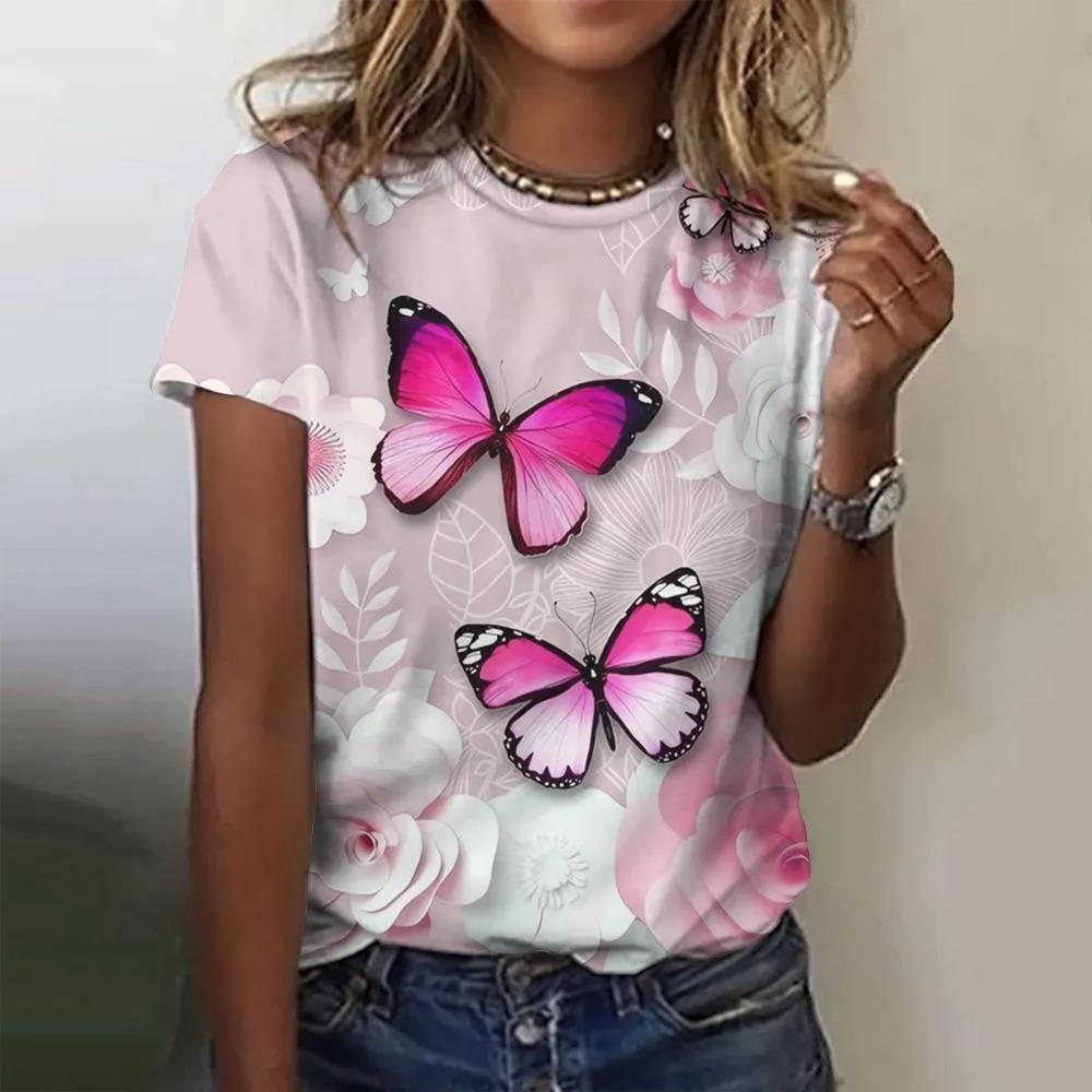 T-shirt da donna estiva a girocollo con stampa fantasia farfalla 3D, alla moda e casual a maniche corte