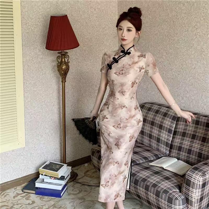 Chinese-style modified qipao printed dial button dress for women, summer wholesale slim-fit, waist-cinching, slit long dress