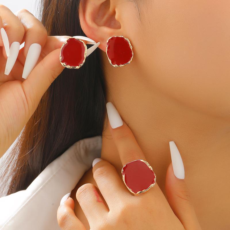 Vintage Coffee Colored Drip Oil Irregular Stud Earrings Ring Set for Women Personality Square Geometric Finger Rings Jewelry