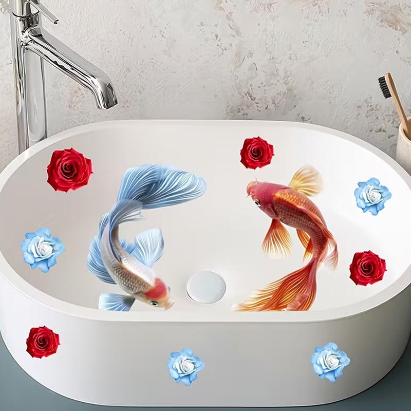 Lucky Koi And Floral Washbasin Sticker Self-Adhesive Waterproof Removable Bathroom Sticker, Wall Bathroom Sink Decal Home Decor