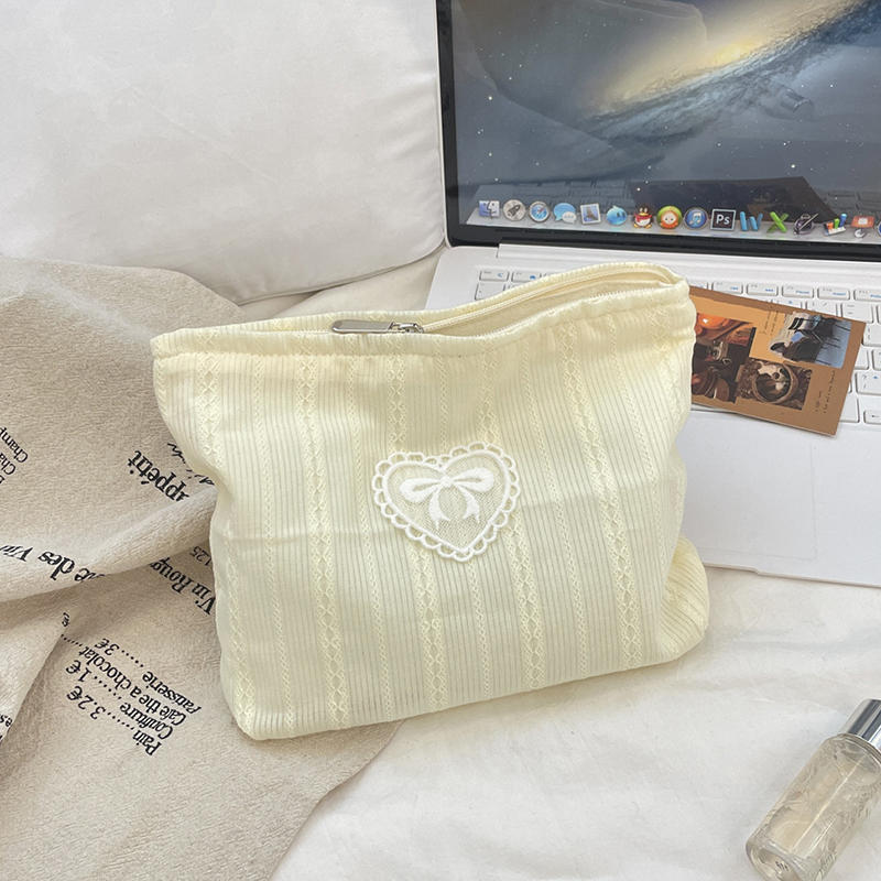 Beautiful INS Simplicity Cosmetic Bag Sweet Embroidery Bow Striped Makeup Case Portable Travel Earphone Cable Storage Bags