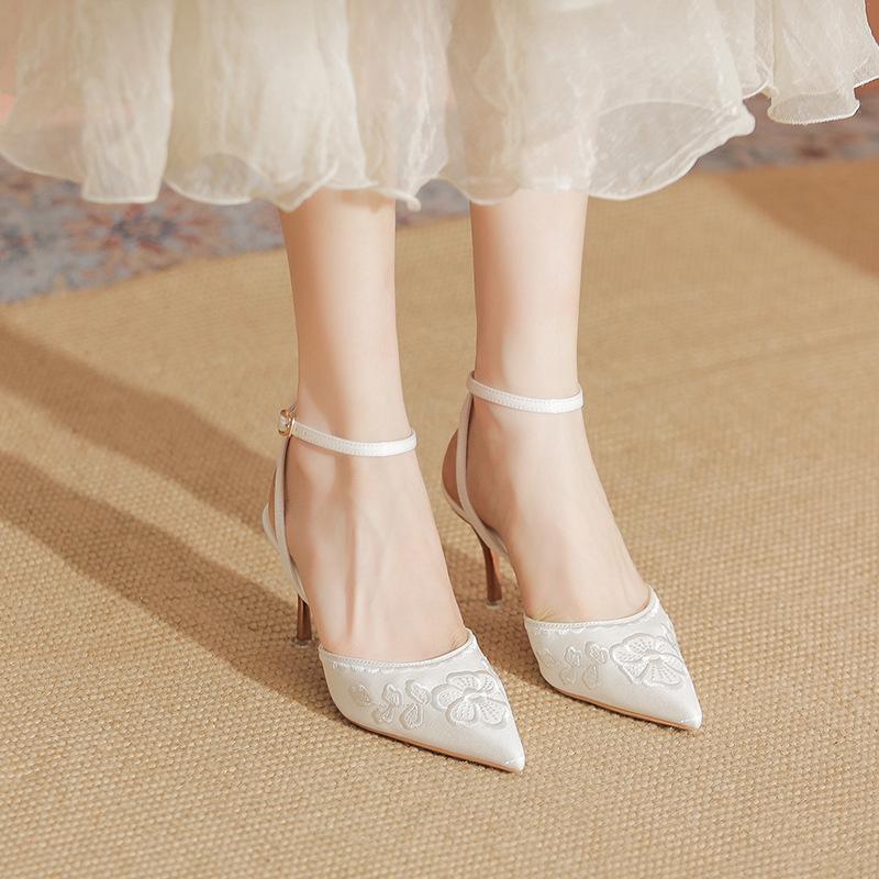 White high heels new summer with skirt pointed thick heel fairy wind bag head sandals