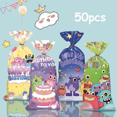 50pcs Colorful Monster Series Birthday Party Gift Bags - Cartoon Oppen Pocket, Plastic, Festive Designs with Balloons