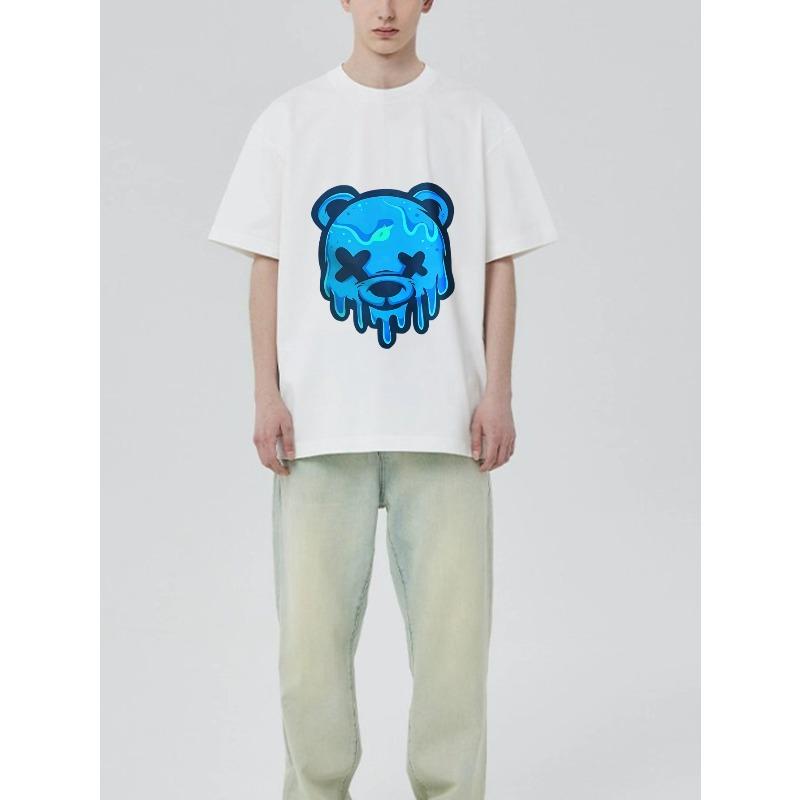 Black T Shirt with Blue Melting Bear Face Print for Casual Wear