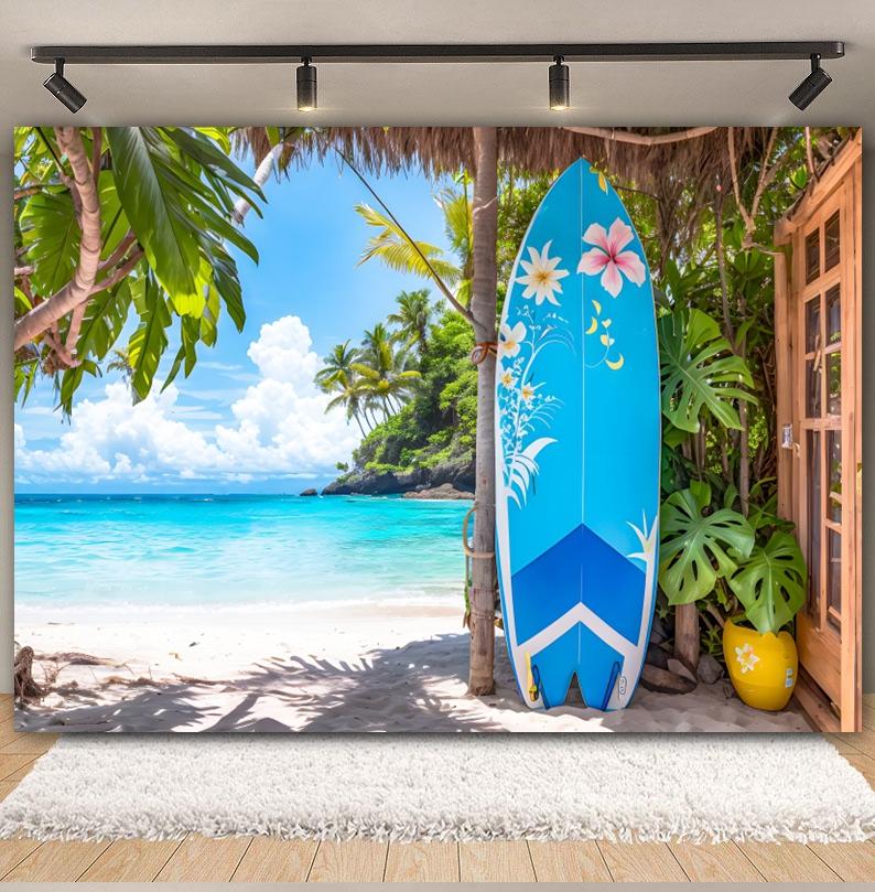 Hawaiian Summer Seaside Backdrop for Photography Tropical Beach Palm Tree Surfboard Baby Birthday Holiday Party Photo Background