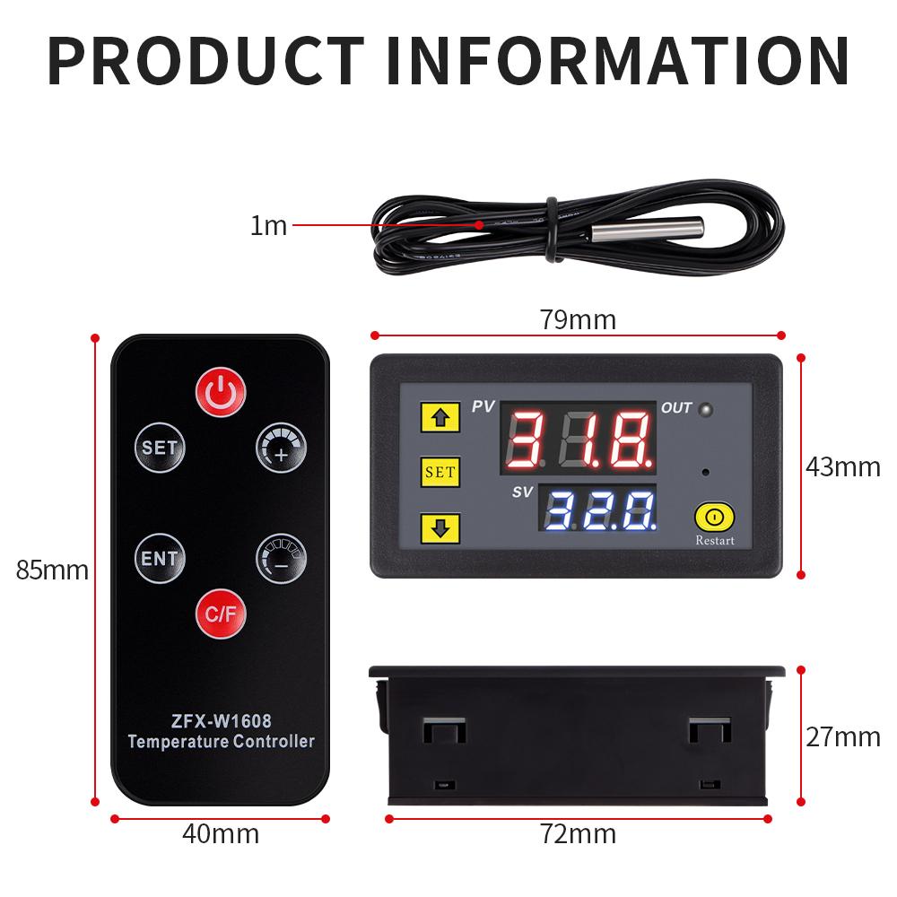 W1608 LED Displej Digitální Regulátor Teploty DC 12V Ovládání Tepla Chlazení Alarm Termostat se Snímačem NTC Dálkové Ovládání