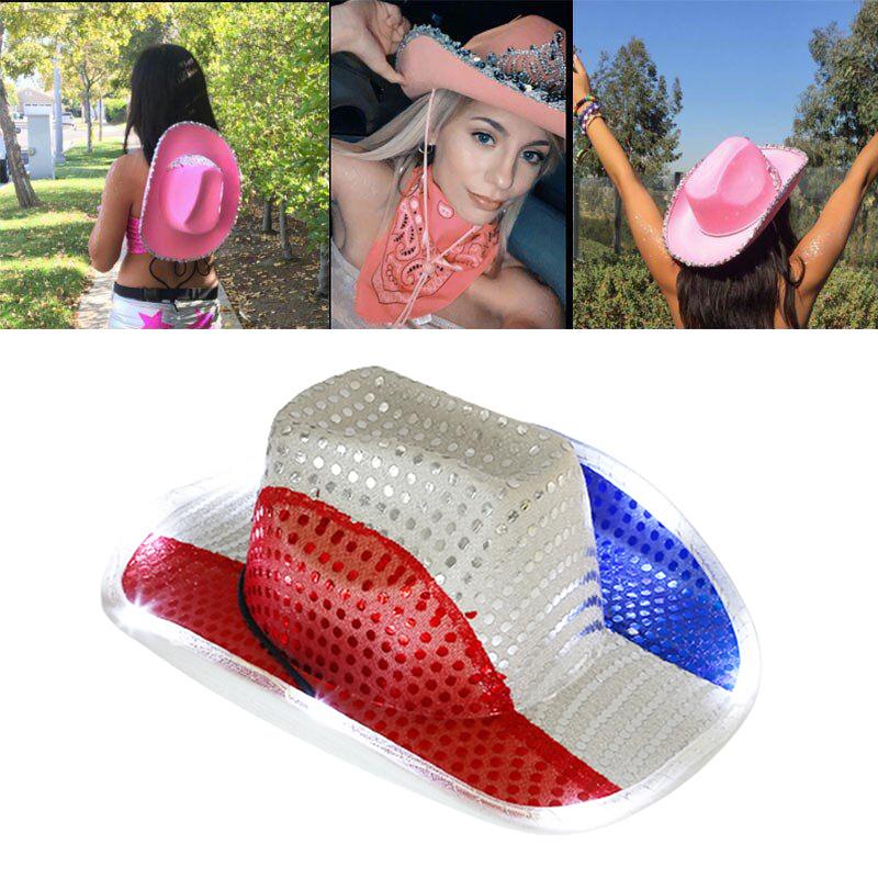 Light Up Cowboy Hat WesternStyle Sequins Hat US Flag Color LED Cowgirl Hat Adjustable Flashing Fedora Costume Accessory