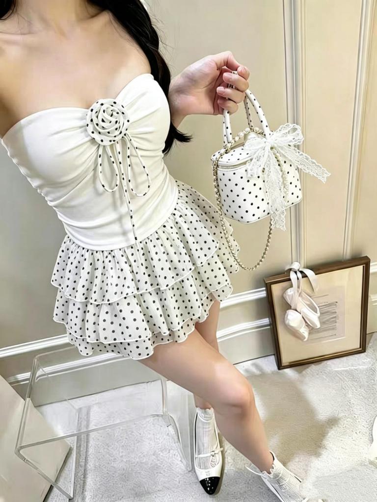 #Summer New Sweet and Spicy Storm Point Splicing Rose Tube Top Women's Fixed with Chest Pad Versatile Top