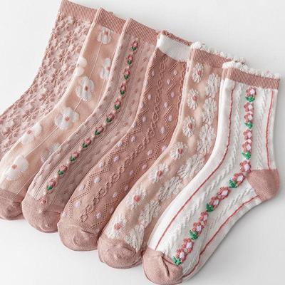 6 Pairs Embossed Women's Socks Cute Pink Medium Tube Socks Women's Socks Seasonal Long Tube Tidal Socks