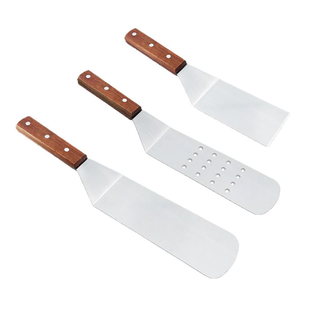 Multi-functional Stainless Steel BBQ Spatula with Wood Anti-slip Handle for Outdoor Grilling and Steak Frying