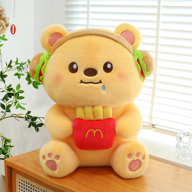Large cartoon Internet celebrity plush toy hamburger fries bear cute doll wearing headphones soft and cute little yellow bear pillow