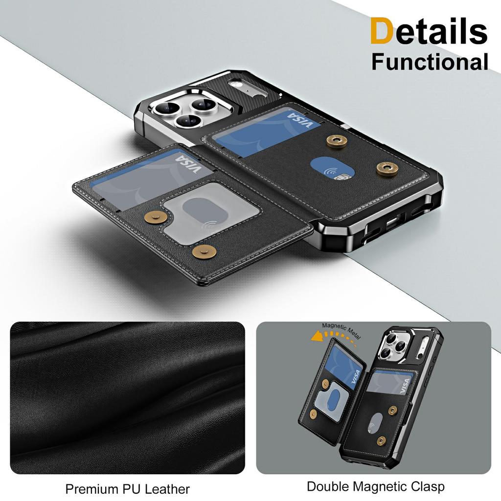 For iPhone 17 Pro Max Case Card Slot Kickstand Leather + TPU Reinforced Corner Phone Cover