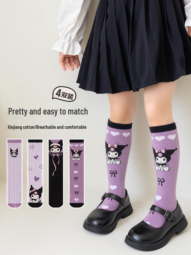 Children's Kuromi Cotton Knee-High Socks: Cartoon Calf Socks for Girls, Korean Style, Spring/Autumn, Mid-Calf.