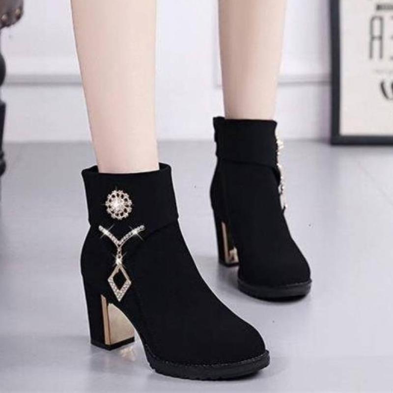 Black Suede Rhinestone Heeled Woman Short Shoes Round Toe Autumn Winter Warm Ankle Boots for Women High Quality Y2k Booties Sale