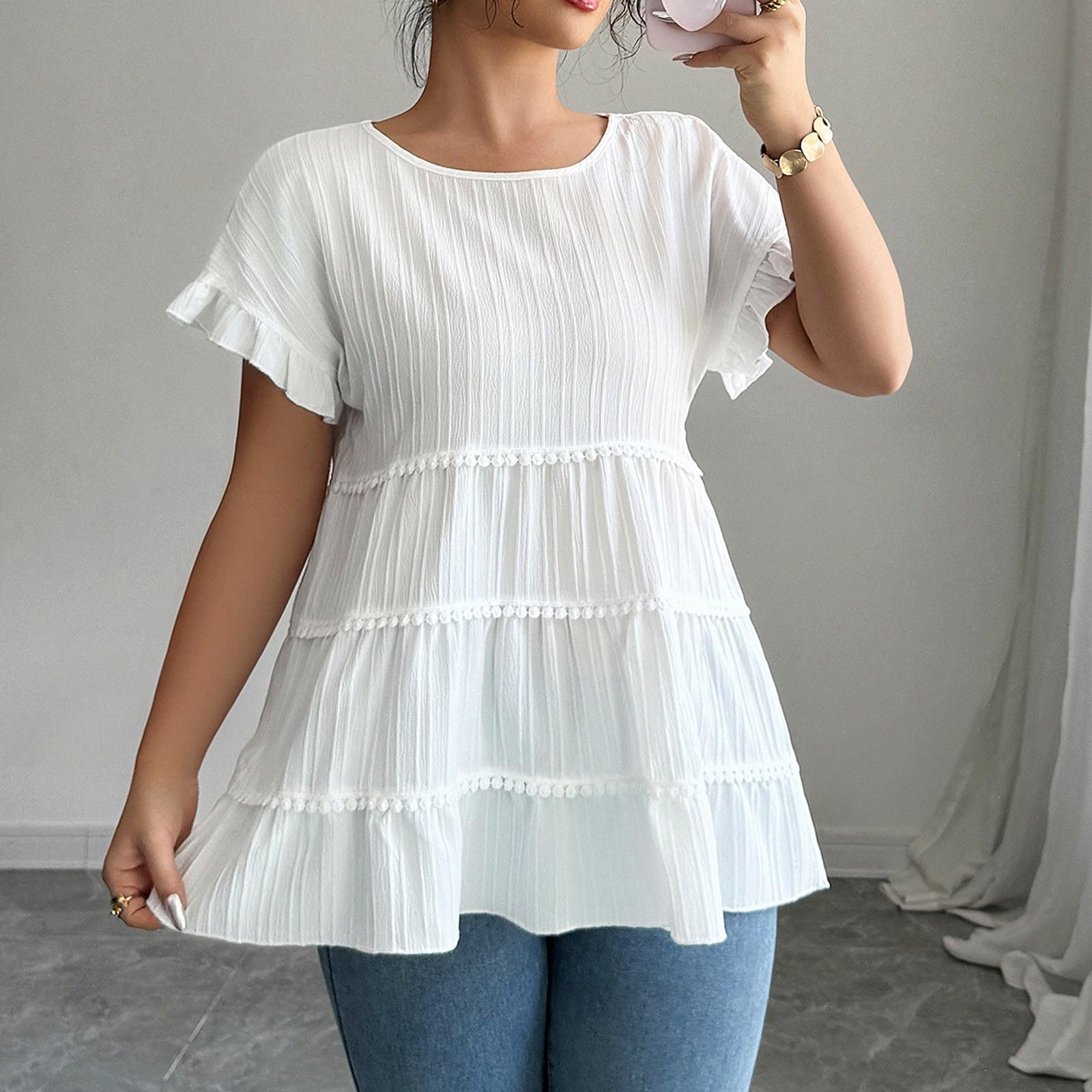 

Женская модная футболка с круглым вырезом, оборками, однотонная, с коротким рукавом XL белый