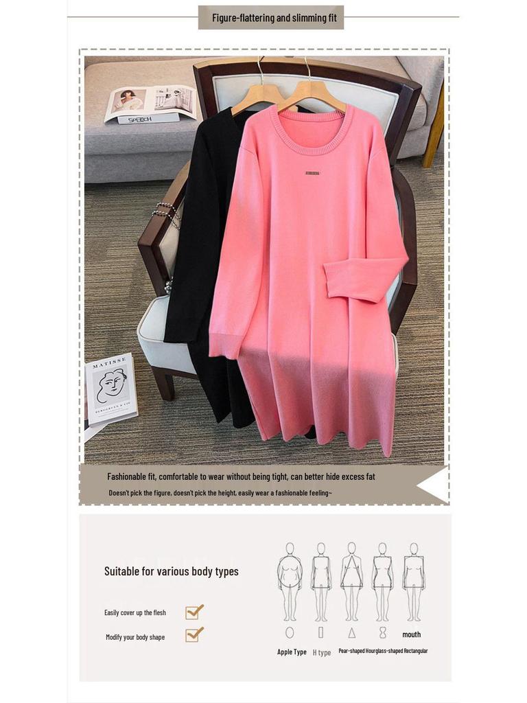 Plus Size Women's Loose Round Neck Sweater Dress, Bust 150/160 cm, for 200/350 Jin