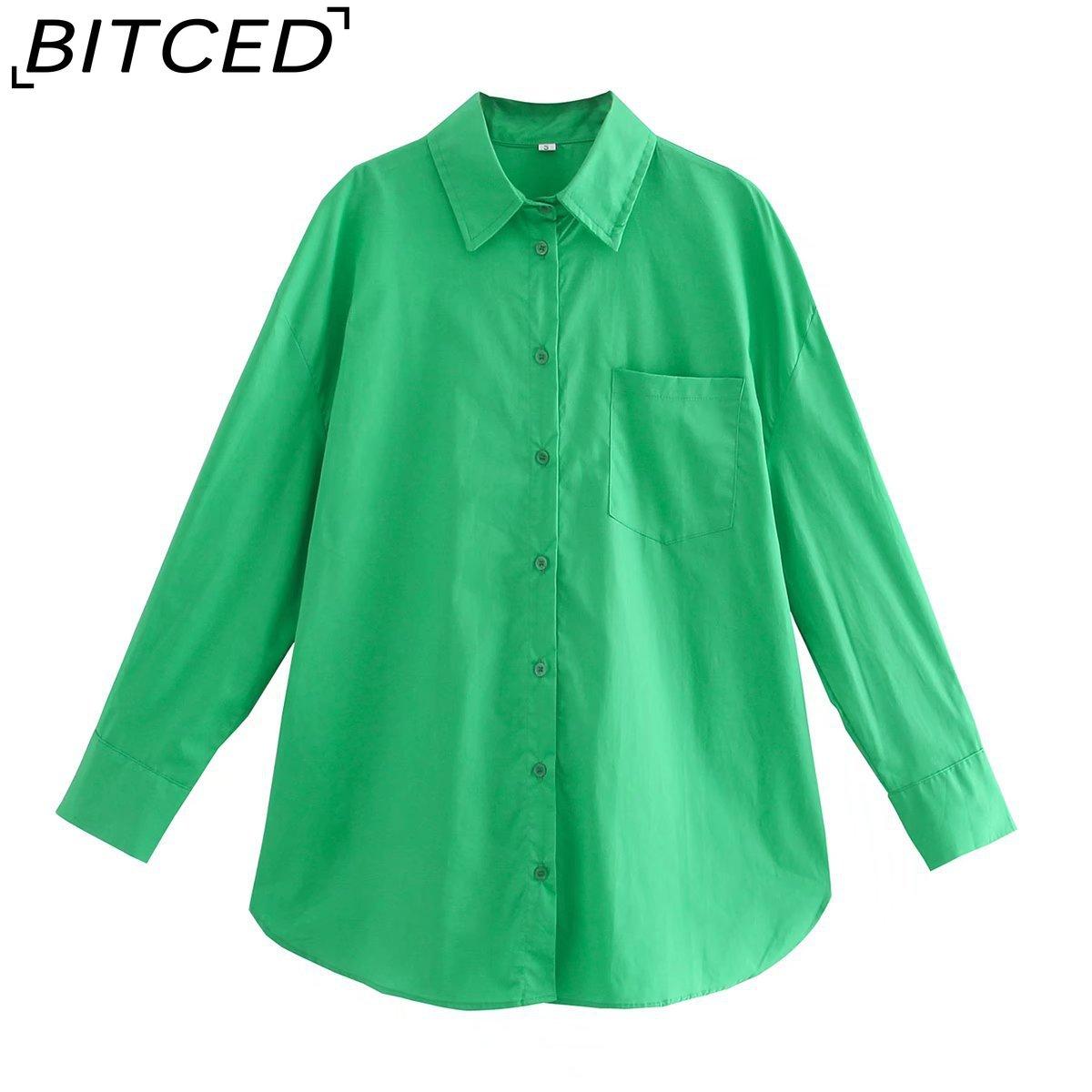 

BITCED Рубашка с широким воротником для женщин Осень Бойфренд стиль Средней длины Оверсайз кардиган L светло-зеленый
