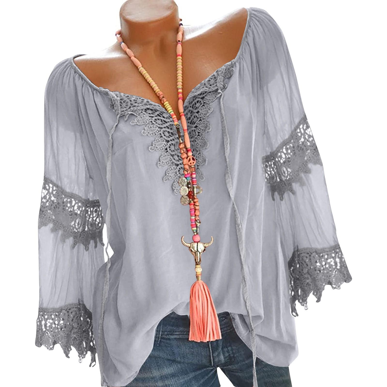 

(Куниде) Женская мода, повседневная однотонная рубашка с v-образным вырезом из хлопка и льна, кружевная рубашка с длинными рукавами, топ L серый