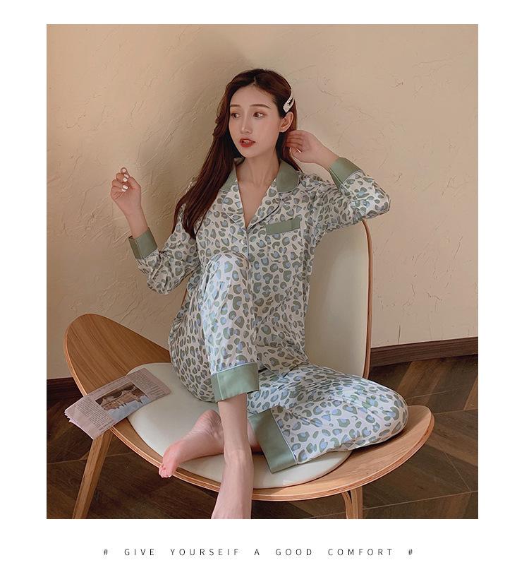 Women's Green Leopard Print Silk Pajama Set - Long Sleeve & Pants - Lightweight Satin for Autumn & Spring