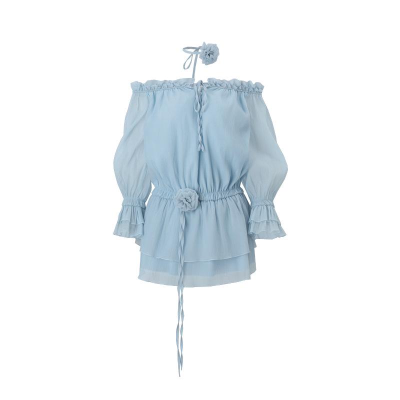 

European and American style winter new product sexy pure desire one-word collar ruffle edge chiffon slim waist long-sleeved dress S синий