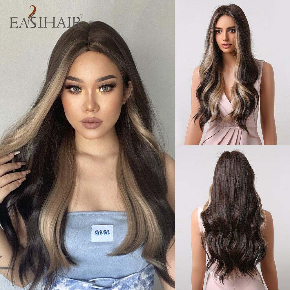 EASIHAIR Long Wavy Brown Synthetic Wigs Middle Part for Women Blonde Highlighted Natural Hair Wigs Heat Resistant Cosplay Wigs