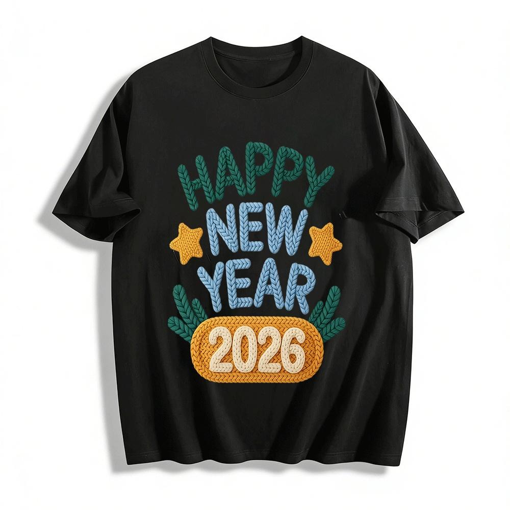 2026 Happy New Year Knit Style Graphic Casual Crewneck Top Pure cotton T-shirt XXS