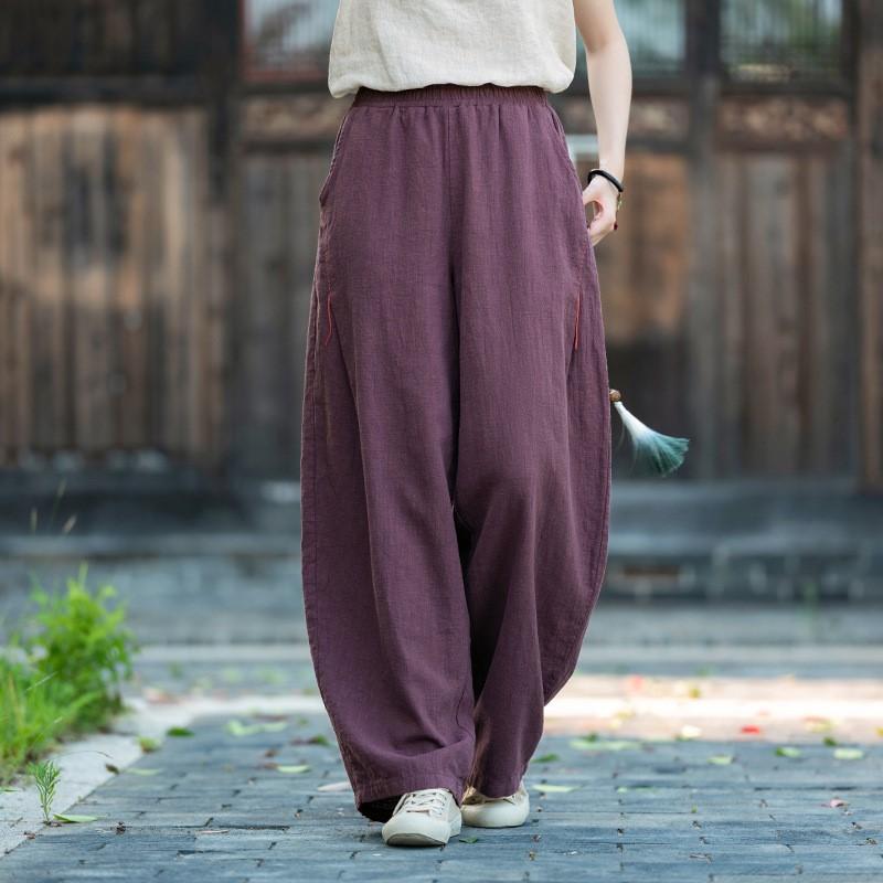 Johnature Vintage Women Bloomers Pants Elastic Waist Solid Color Trousers Autumn Loose Embroidery Pockets Pants