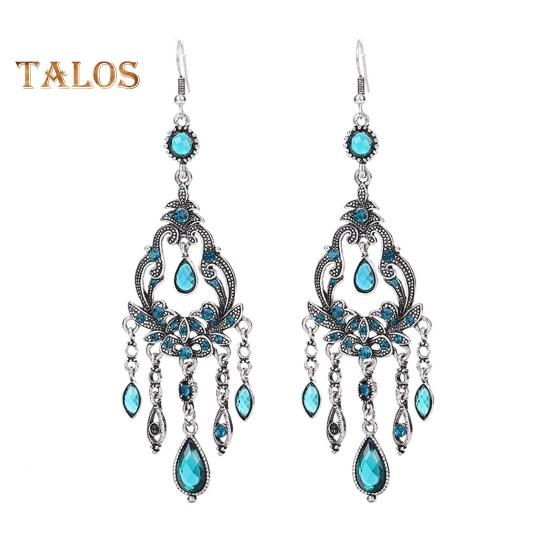 

1 пара сережек-крючков в стиле бохо с ажурным цветочным дизайном, серьги-подвески с искусственными кристаллами, аксессуары для свадеб и вечеринок синий