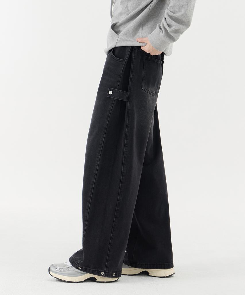 Akeusi Multi Side Strap Elastic Wide Denim Pants Unisex (Black)