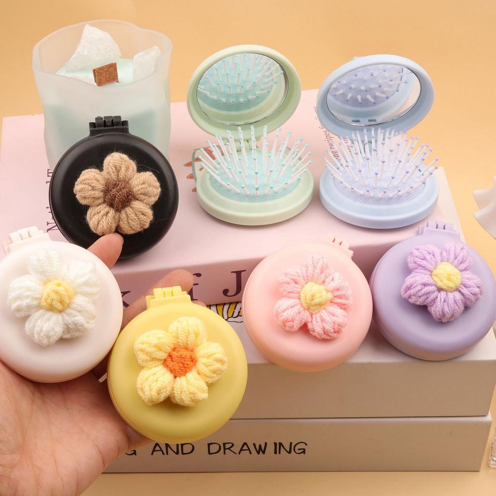 Cute Cartoon Knitted Flower Air Cushion Comb Portable Folding Mirror Hair Brush for Women Girls Travel 1pcs