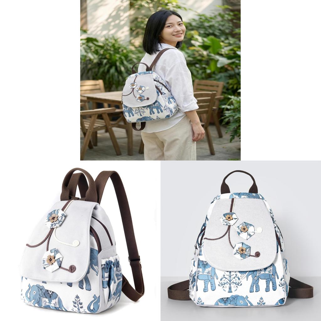 Handgewebter Canvas-Rucksack im Ethno-Stil mit Elefantenstickerei für Freizeit, Reisen und Studenten