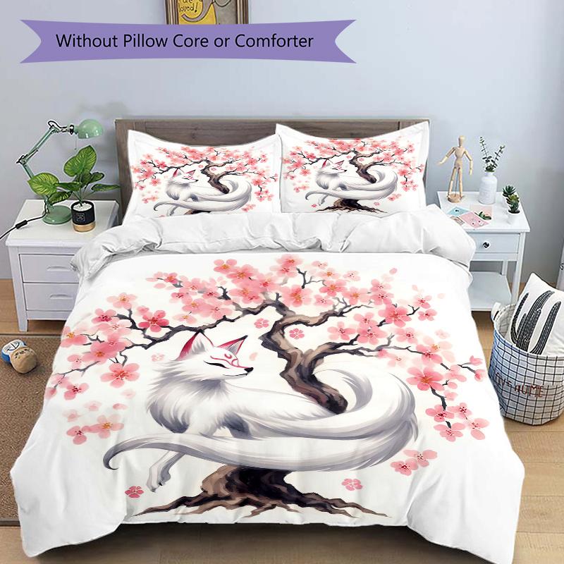

3pcs Cherry Blossom Tree and Beautiful White Fox Bedding Set, Including 1 Quilt Cover and 2 Pillow Shams, Without Filling, Soft and Comforta 135cm*200cm