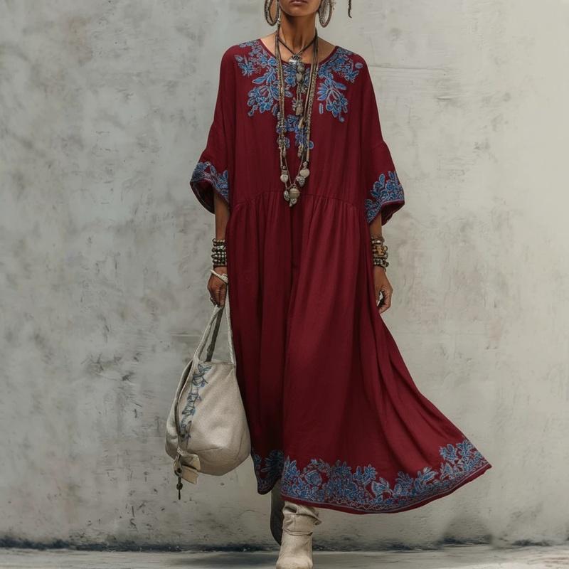 Robe Longue Maxi Style Européen d'Été pour Femmes Coupe Ample Mode Élégante Col Rond Imprimée