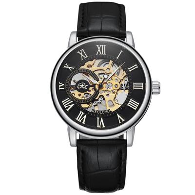 RORIOS Men's Automatic Mechanical Watch with Genuine Leather Band and Luminous Design, Analog Display, Openwork Design, Silver Case with White Dial,