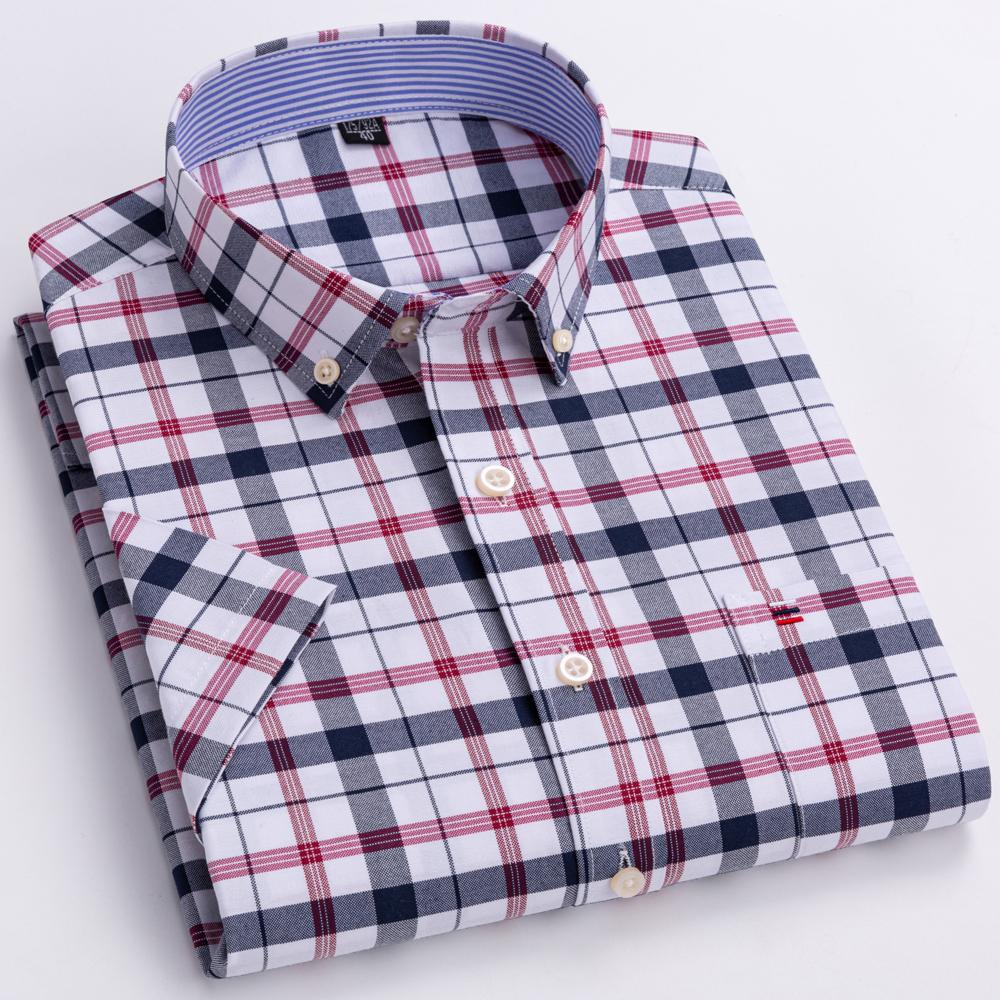 Herren 100% Baumwolle Mehrfarbig Kariert Oxford Hemden Kurzarm Regular Fit Kragen Freizeit Button-Down-Hemd mit Tasche